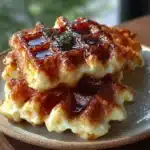 Golden cottage cheese honey butter waffle squares with melted honey butter on top