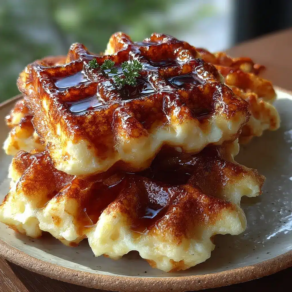 Golden cottage cheese honey butter waffle squares with melted honey butter on top