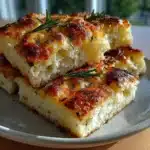 Golden cottage cheese rosemary focaccia squares with olive oil and crispy edges
