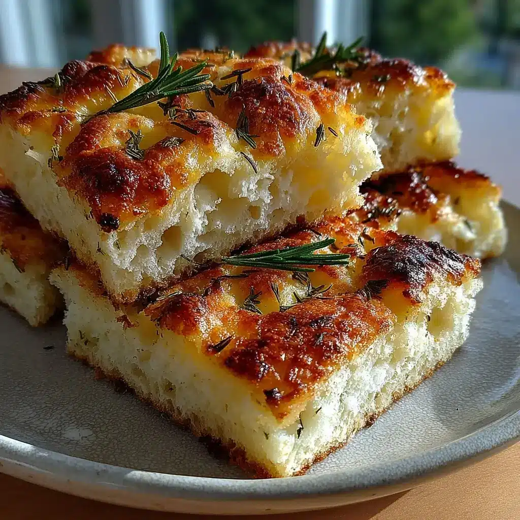 Golden cottage cheese rosemary focaccia squares with olive oil and crispy edges