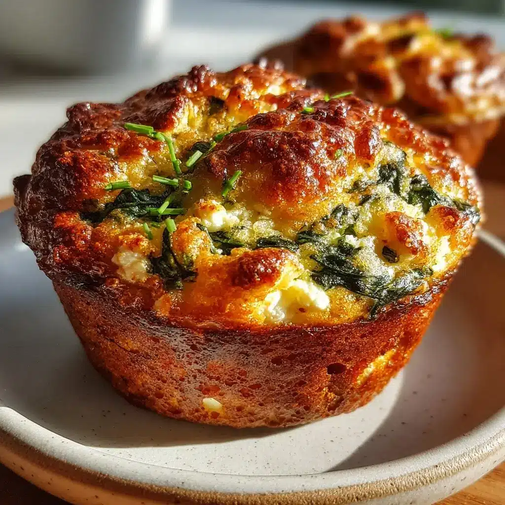 Golden cottage cheese spinach and feta savory muffins in muffin tray with fluffy interior