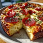 Crispy Pepperoni Cottage Cheese Bake in cast iron skillet with melted mozzarella and crunchy pepperoni