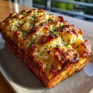 Golden 2-ingredient cottage cheese bread loaf with cheddar and jalapeños pulled apart while warm