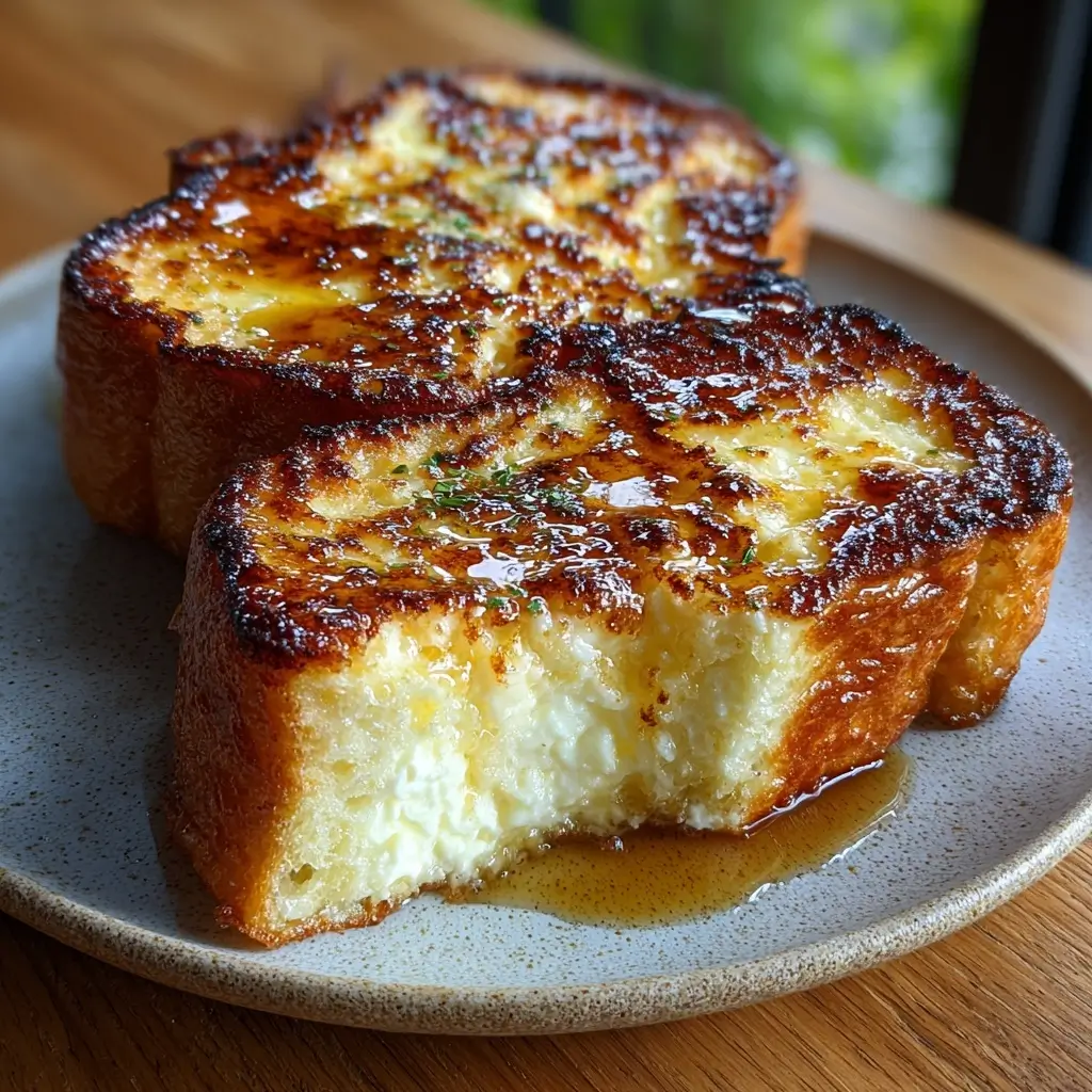 Sliced 2-ingredient cottage cheese custard French toast loaf with maple syrup
