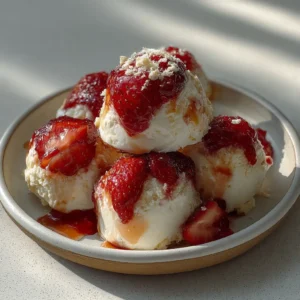 2-ingredient cottage cheese strawberry cheesecake bites topped with strawberry jam on a white plate