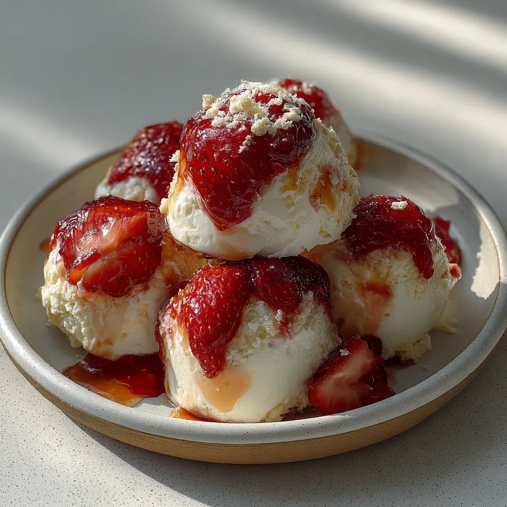 2-ingredient cottage cheese strawberry cheesecake bites topped with strawberry jam on a white plate