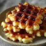 Golden cottage cheese honey butter waffle squares served warm with honey drizzle