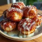 Cottage Cheese Apple Fritter Donut Holes — Zero-Flour Glaze Crack 2 Cottage cheese apple fritter donut holes with crackly vanilla glaze on a plate