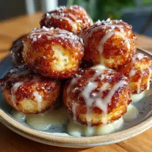 Cottage cheese apple fritter donut holes with crackly vanilla glaze on a plate