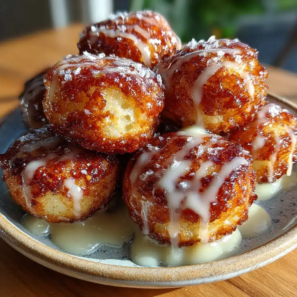 Cottage cheese apple fritter donut holes with crackly vanilla glaze on a plate