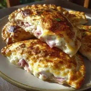 Cottage cheese ham and cheese foldover pockets with melted cheese pull and golden edges