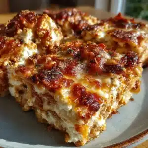 Crispy cottage cheese lasagna tiles with marinara, melted mozzarella, and golden parmesan edges
