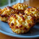 Golden cottage cheese mac and cheese muffin cups with melted cheese lava pull