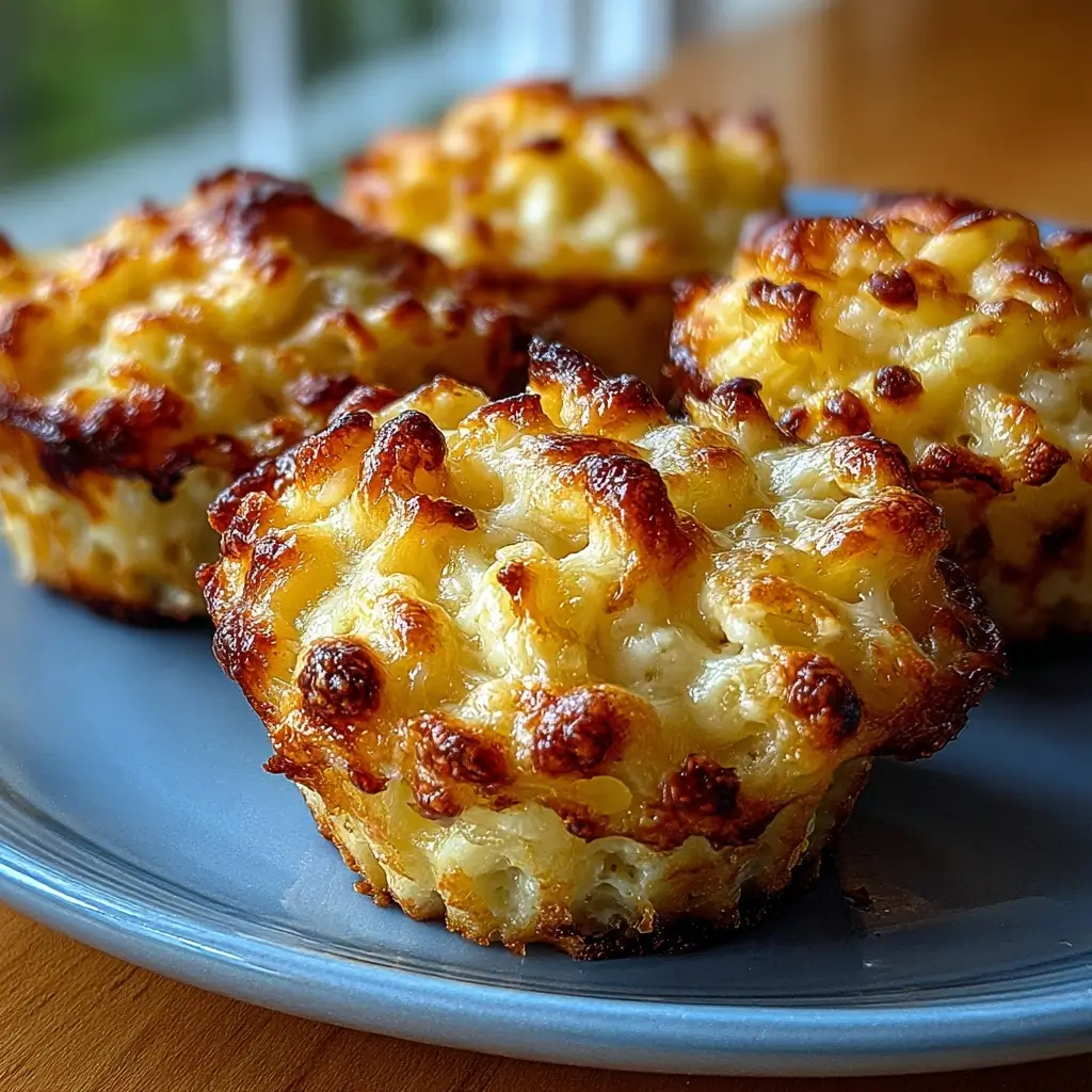 Golden cottage cheese mac and cheese muffin cups with melted cheese lava pull