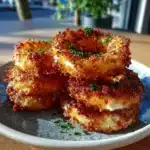 Crispy cottage cheese onion ring melt stack with golden cheesy edges