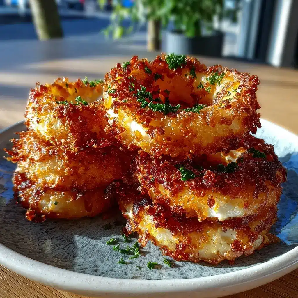 Crispy cottage cheese onion ring melt stack with golden cheesy edges