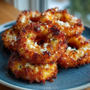 Baked cottage cheese onion ring melt towers with crispy golden edges and melted cheese center