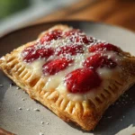 Golden cottage cheese strawberry pop-tart with crimped edges and soft jam-filled center