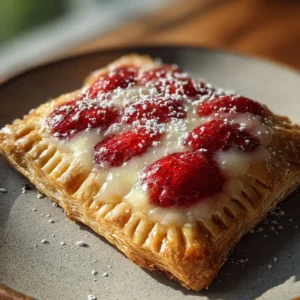 Golden cottage cheese strawberry pop-tart with crimped edges and soft jam-filled center
