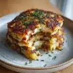 Crispy cottage cheese zero-potato hash brown smash stack plated with chives