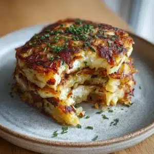 Crispy cottage cheese zero-potato hash brown smash stack plated with chives
