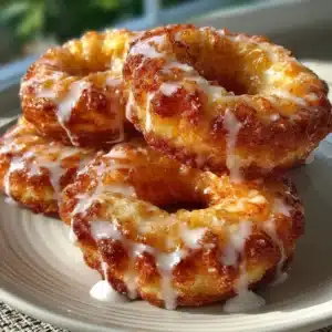 Glazed cottage cheese apple cruller rings stacked on a plate