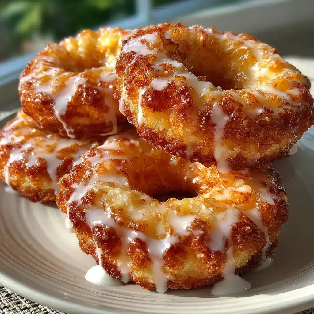 Glazed cottage cheese apple cruller rings stacked on a plate