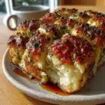 Cottage cheese garlic knot pull-apart slab with melted mozzarella, crispy golden edges, brushed with garlic butter and parsley, flourless high protein recipe