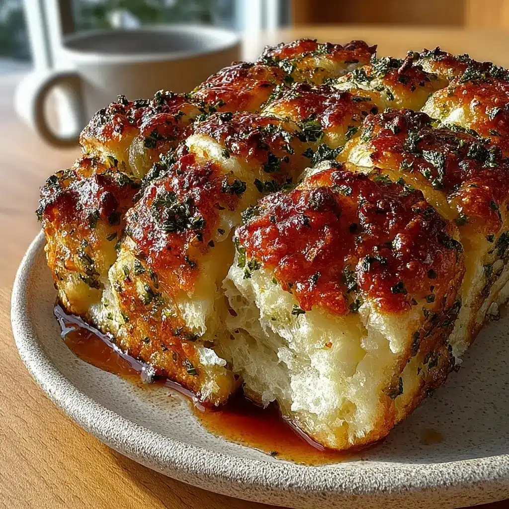 Cottage cheese garlic knot pull-apart slab with melted mozzarella, crispy golden edges, brushed with garlic butter and parsley, flourless high protein recipe