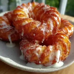 Golden cottage cheese glazed crullers with vanilla icing drizzle on a cooling rack Caption: These zero-flour cottage cheese glazed crullers are twisted, golden, and finished with a glossy vanilla icing.