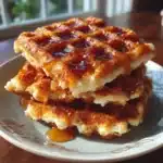 Golden cottage cheese honey butter waffle squares stacked with a glossy honey butter drizzle