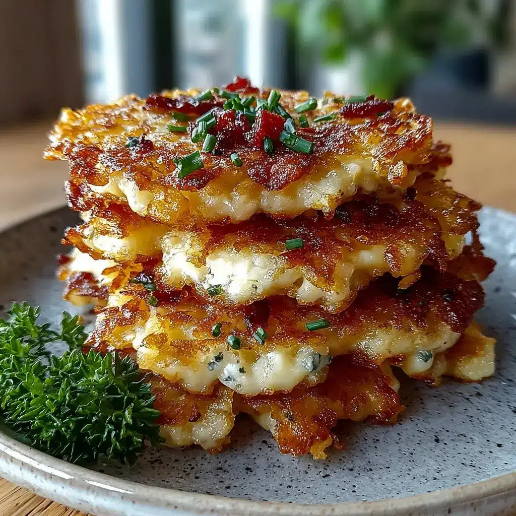 Crispy cottage cheese loaded fry towers topped with cheese bacon and green onions