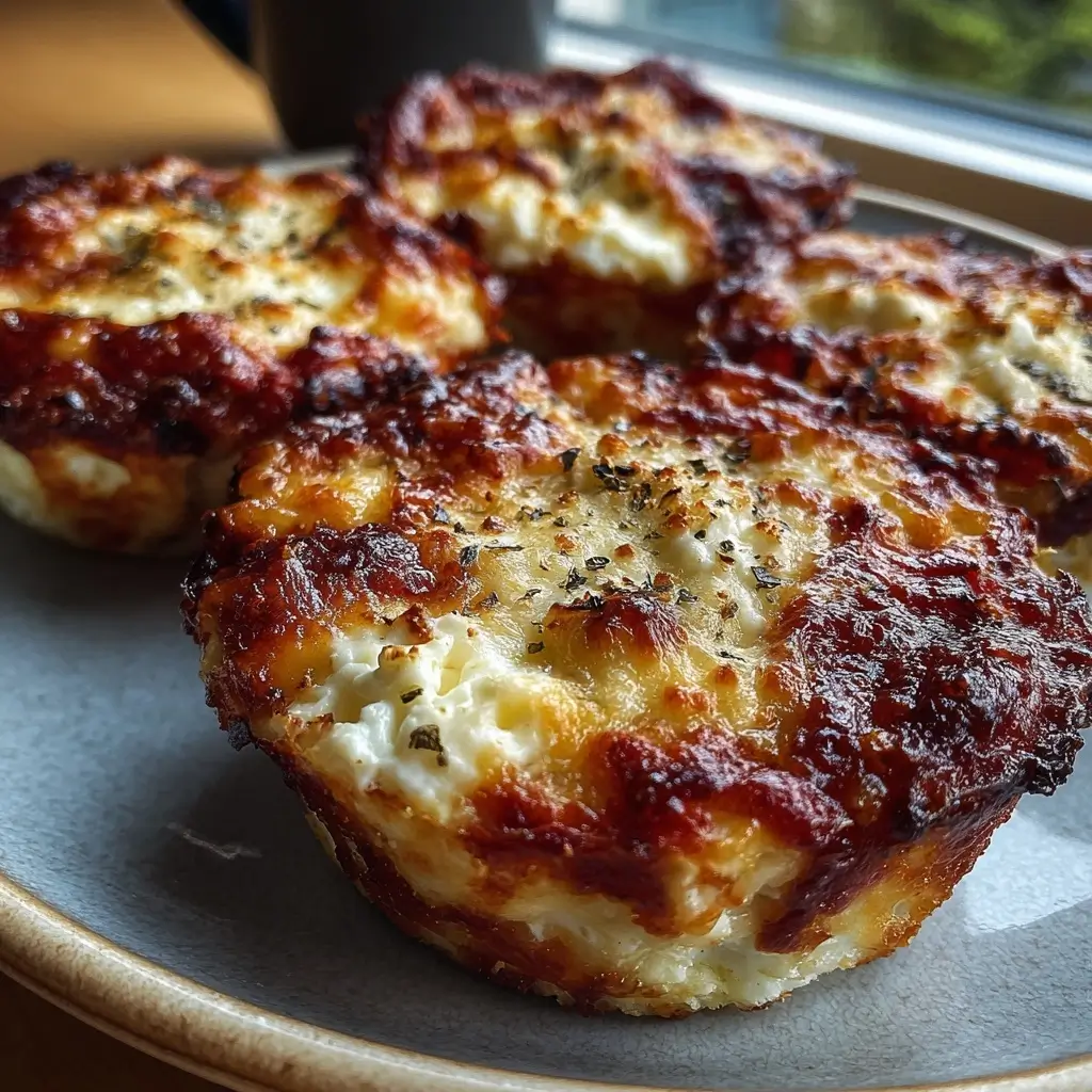 Cottage cheese mini pizza cups with melted cheese pull and pizza toppings