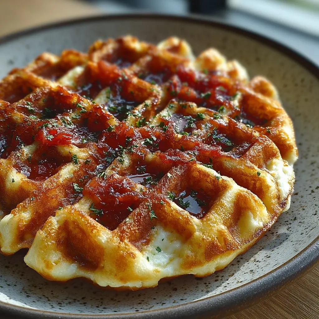 Crispy cottage cheese pizza waffle grid with marinara and pepperoni, no dough recipe