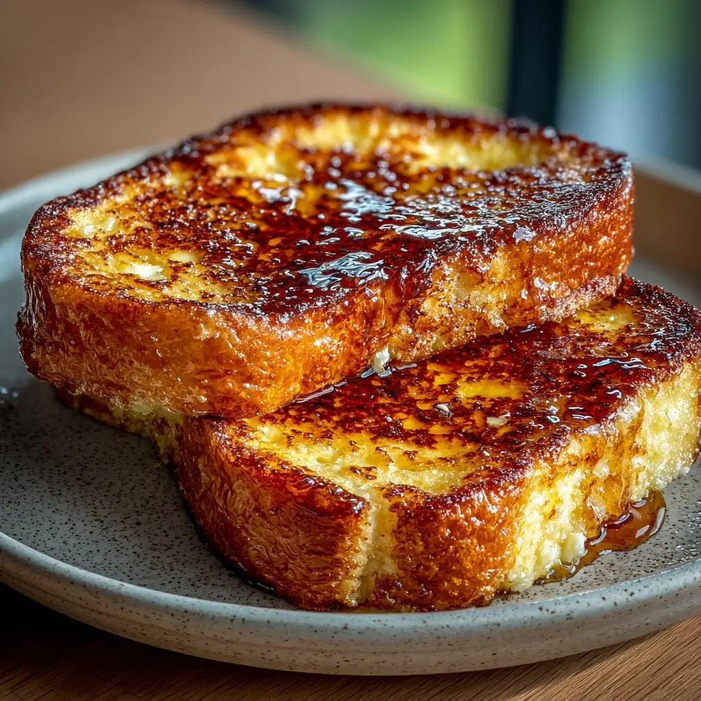 Golden cottage cheese stuffed French toast sliced open with creamy center and maple syrup