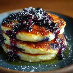 Cottage cheese blueberry pancake stack with maple syrup and fresh blueberries
