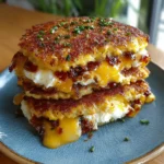 Cottage cheese breakfast pancake sandwich stack with melted cheddar, egg, and sausage, sliced open with a hot cheese pull.