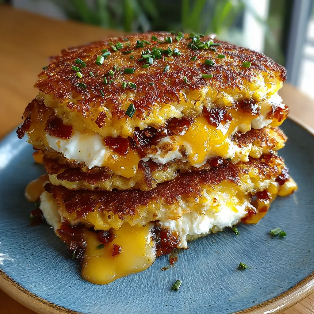 Cottage cheese breakfast pancake sandwich stack with melted cheddar, egg, and sausage, sliced open with a hot cheese pull.