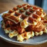 Cottage Cheese Chicken & Waffle Grid with crispy golden edges and cheesy pull