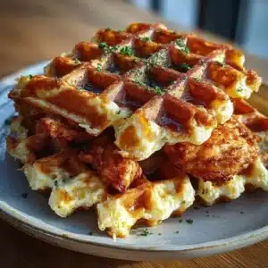 Cottage Cheese Chicken & Waffle Grid with crispy golden edges and cheesy pull