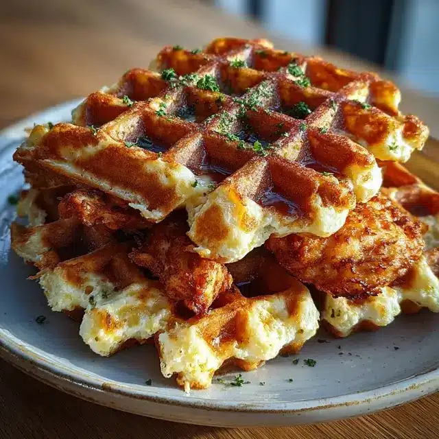 Cottage Cheese Chicken & Waffle Grid with crispy golden edges and cheesy pull