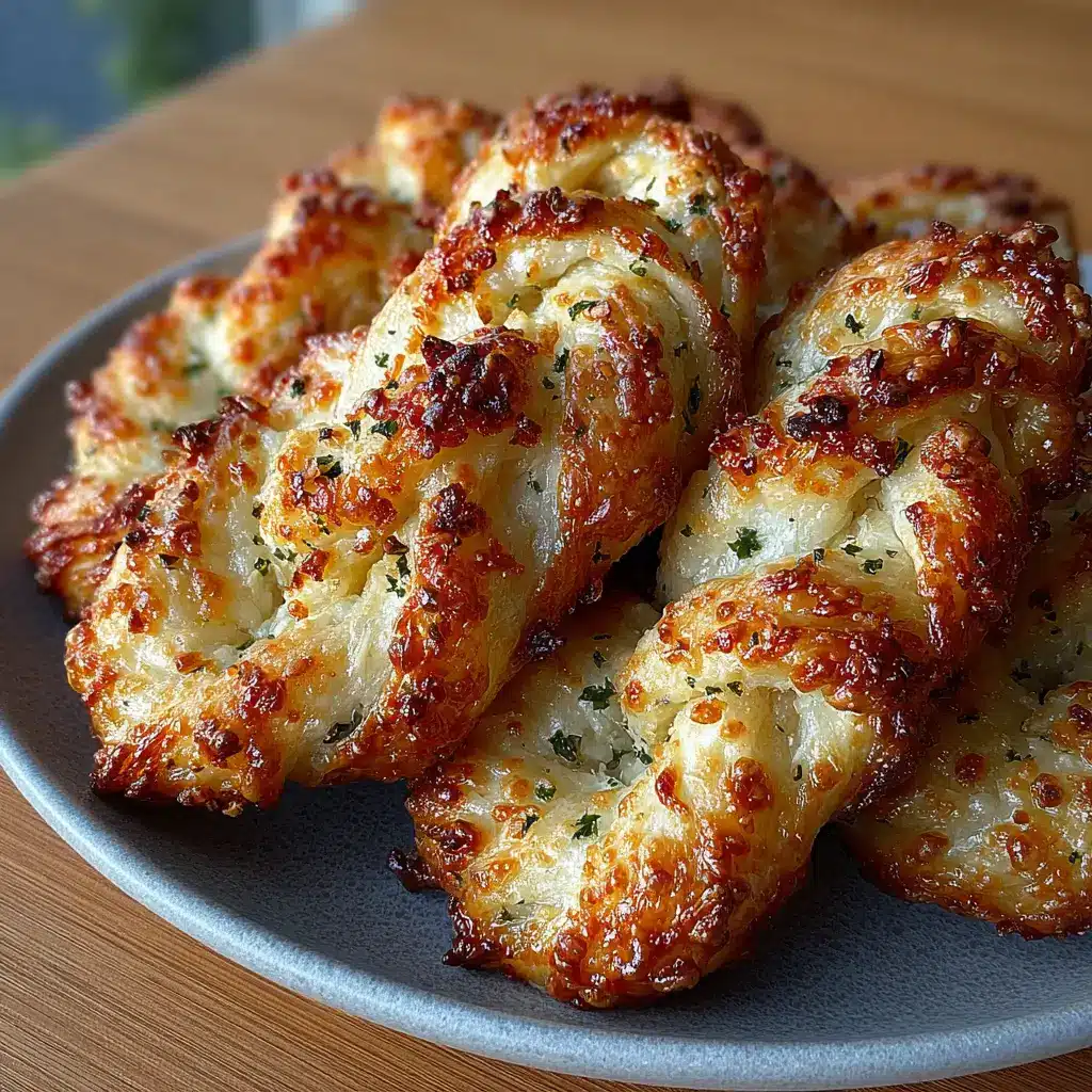 Cottage Cheese Garlic Parmesan Soft Twists with golden edges, garlic butter, parsley, and Parmesan topping.