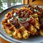 Crispy cottage cheese bacon waffle grid with golden cheesy edges and chopped green onions on top