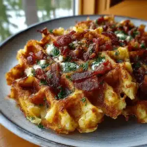 Crispy cottage cheese bacon waffle grid with golden cheesy edges and chopped green onions on top