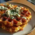 Cottage Cheese Jalapeño Cheddar Waffle Grid with crispy golden edges and jalapeño pieces