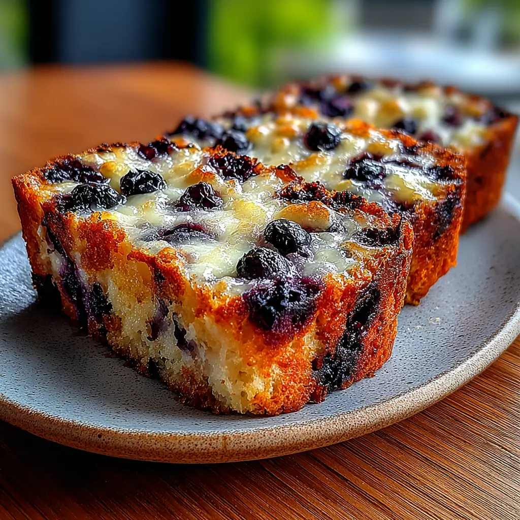 Cottage Cheese Lemon Blueberry Bread Slices with fresh blueberries and lemon glaze