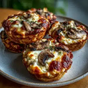 Cottage Cheese Mushroom Swiss Towers with golden melted Swiss cheese and savory mushroom filling
