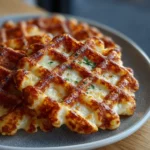 Cottage cheese patty melt waffle grid with crispy golden edges, melted cheese, beef, and caramelized onions