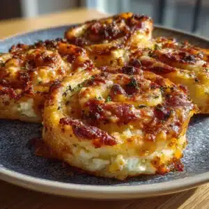 Baked cottage cheese pizza roll-up spirals with melted mozzarella, pepperoni, marinara, and creamy no-dough layers