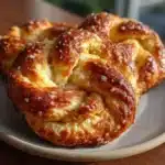 Golden cottage cheese soft pretzel twists with coarse salt and chewy pull texture